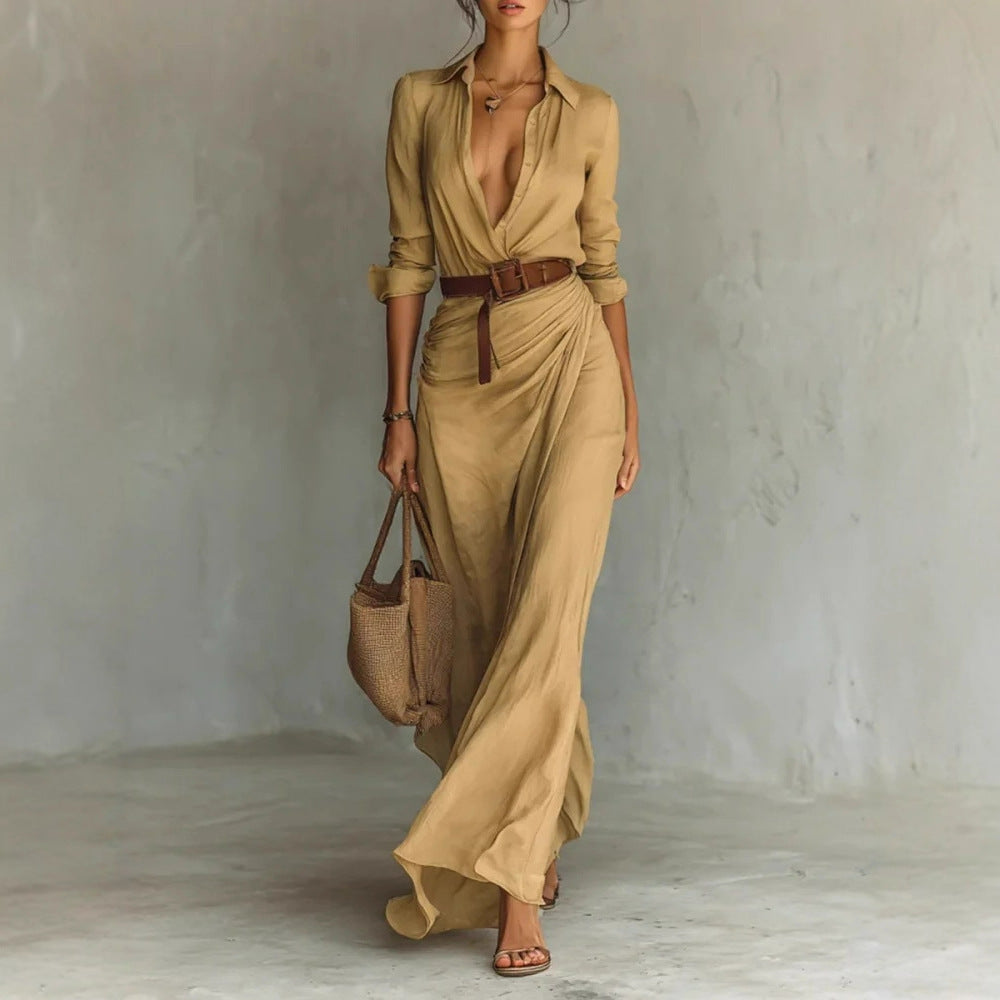 Irregular Long Dress With Belt Fashion And Elegant Button Lapel Long-sleeved Shirt For Women in khaki color