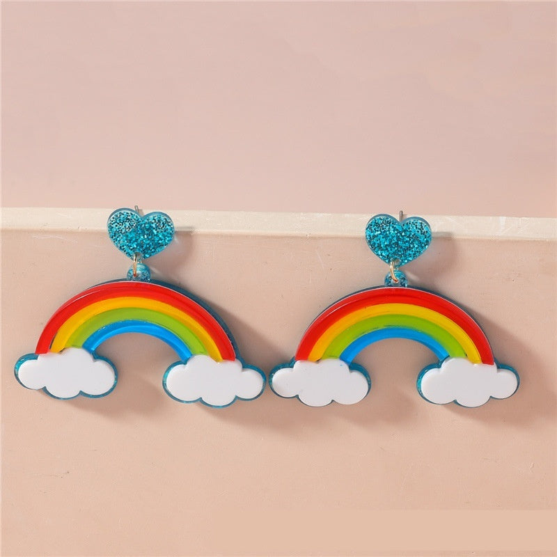 Multi-layer Stereo Acrylic Rainbow White Clouds Heart-shaped Earrings in bright colors, perfect for fashion jewellery.