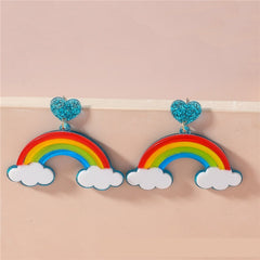 Multi-layer Stereo Acrylic Rainbow White Clouds Heart-shaped Earrings in colorful design with glittery hearts.