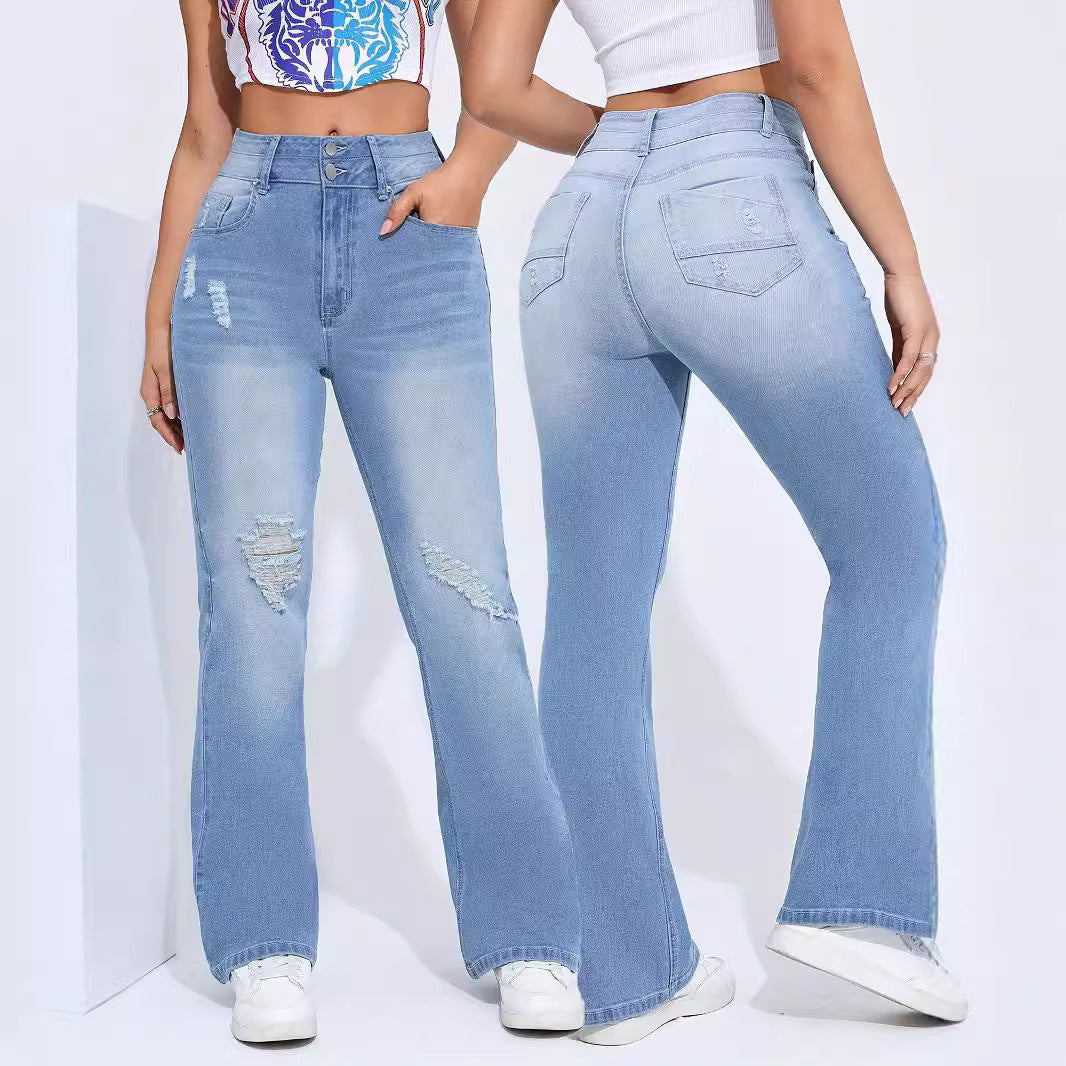 Women's High Elastic Hole Slim Fit All-match Denim Trousers in light blue, featuring high elasticity and a street fashion style.