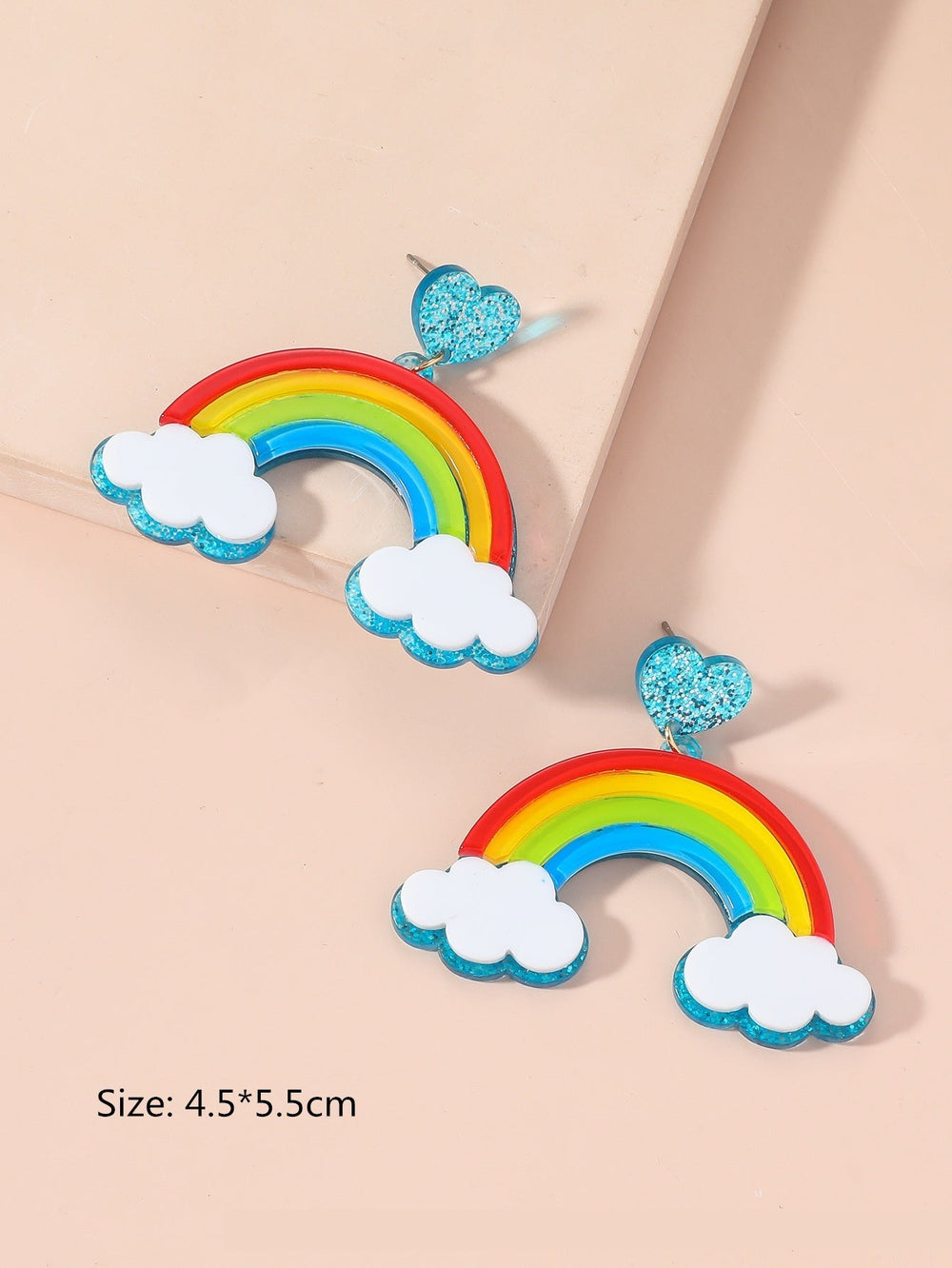 Multi-layer Stereo Acrylic Rainbow White Clouds Heart-shaped Earrings with colorful design and glittery details.