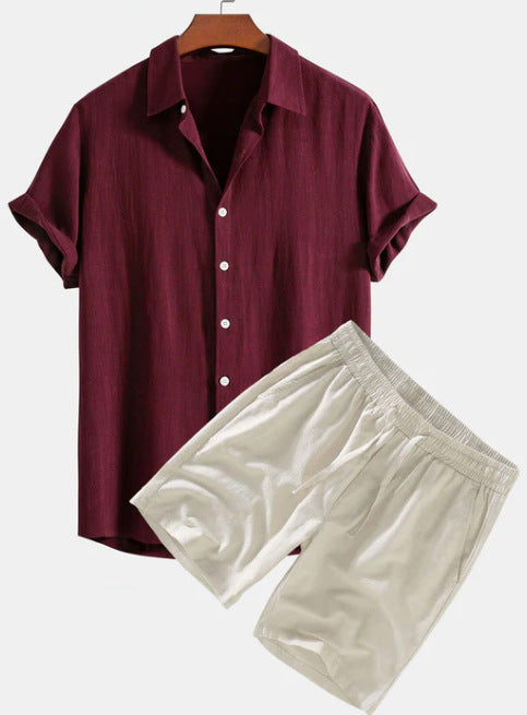 Men's Solid Color Casual Short-sleeved Shirt Shorts Suit in maroon and beige, perfect for summer fashion.