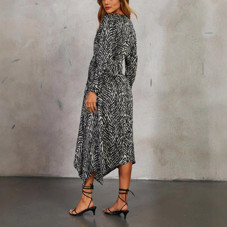 Fashion V-neck Shirt Button Printed Long Sleeve Dress