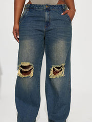 Retro Heavy-duty Washed Knee Ripped Wide-legged Jeans in sea blue denim with distressed knee details.