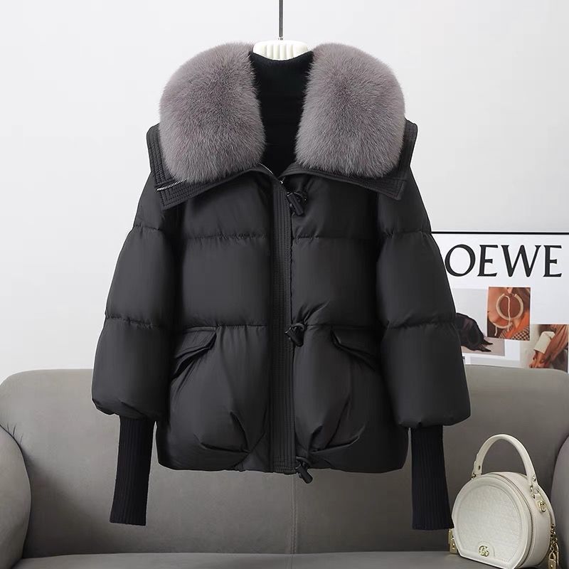 Down Cotton-padded Jacket Women's Short Fur Collar Thickened Coat in black with stylish design, displayed elegantly.