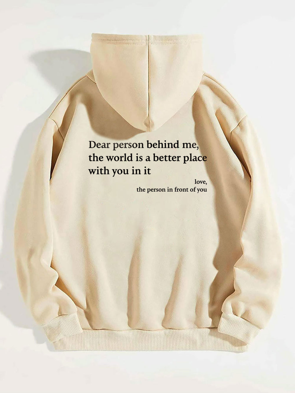 printed hoodie with pockets featuring a thoughtful text design on the back in beige color.