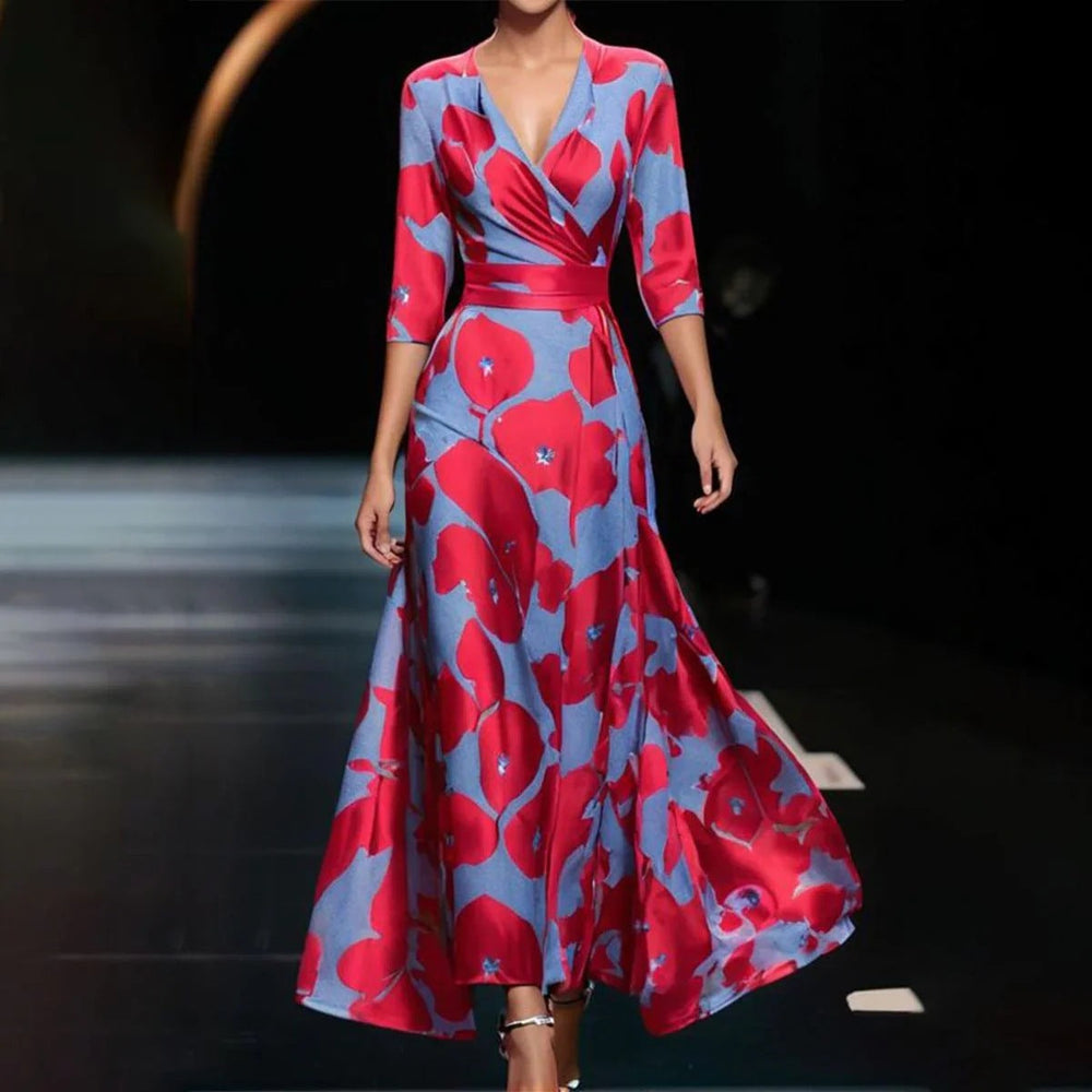 Cross V-neck 34 Sleeve Length Dress with colorful floral pattern, perfect for Christmas and fashion occasions.
