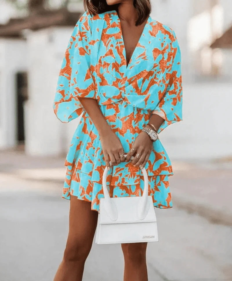 Fashion Print V-Neck Doll Sleeve Loose Cake Dress