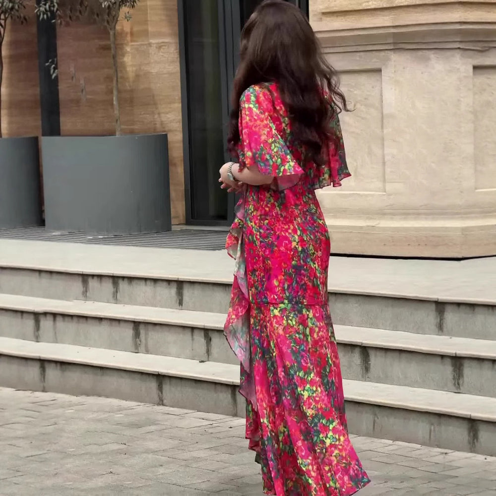 Sexy Elegant Graceful Short Sleeve Sweet Dress with floral pattern and ruffled sleeves, perfect for fashion jewellery and Christmas.