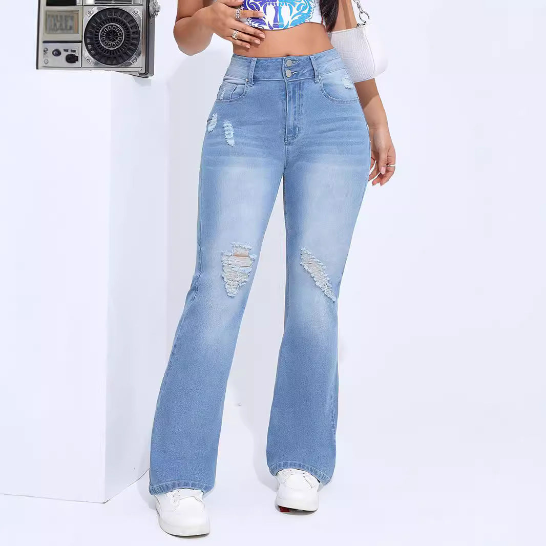 Women's High Elastic Hole Slim Fit All-match Denim Trousers in light blue, adding a stylish touch to street fashion.