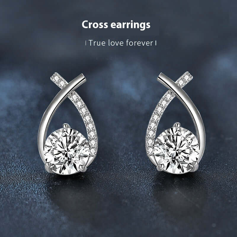 Moissanite 925 Sterling Silver Fishtail Cross Stud Earrings with sparkling design, perfect for affordable luxury fashion jewellery.