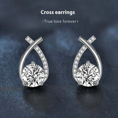 Moissanite 925 Sterling Silver Fishtail Cross Stud Earrings with sparkling design, perfect for affordable luxury fashion jewellery.