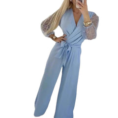 Sequined Top Wide Leg Pants Casual Suit Women in light blue color with puff sleeves and sequins.