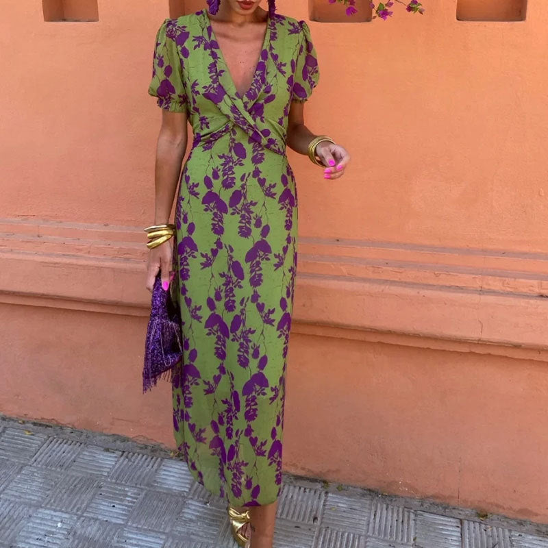 Summer V-neck Short-sleeved Dress Fashion Flowers Printed Slim Beach Dresses For Women Clothing in green and purple floral pattern