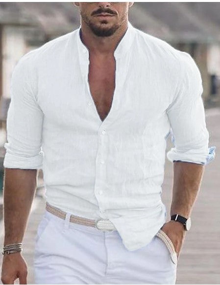 Men's Long Sleeve Shirt With Button Casual Solid Color Tops For Spring Autumn in white worn by a man