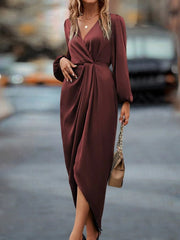 Temperament Pure Color Waist-tight Split V-neck Dress Women in wine red with long sleeves and stylish design.