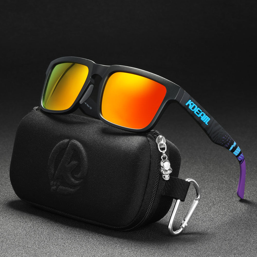 Men And Women Dazzling Color Polarized Sunglasses with stylish square frame and protective case.