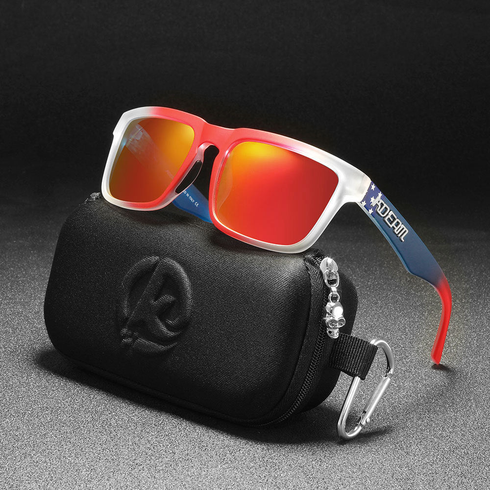 Men And Women Dazzling Color Polarized Sunglasses in a sleek case with vibrant red and blue frames.