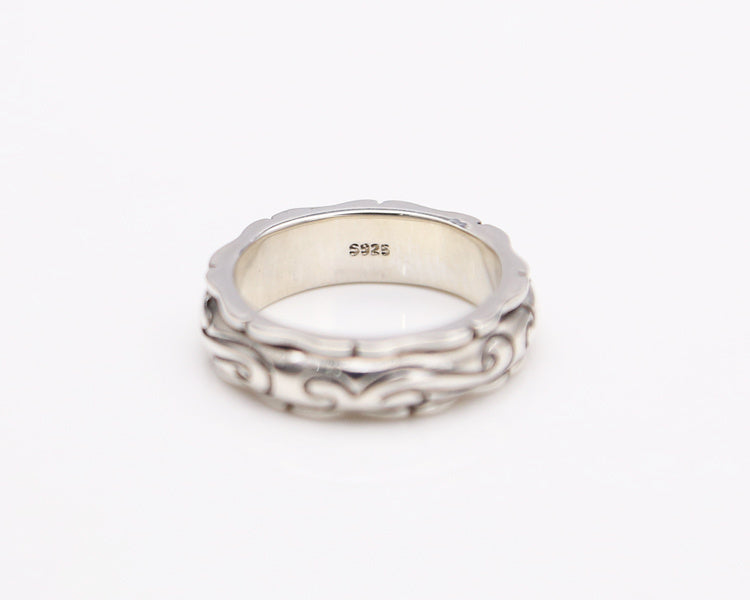 S925 Sterling Silver Jewelry Ring with a decorative patterned design and silver metal finish.