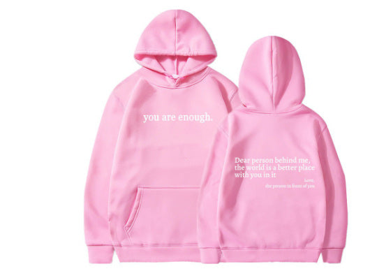 printed hoodie with pockets in pink featuring motivational text on the front and back.