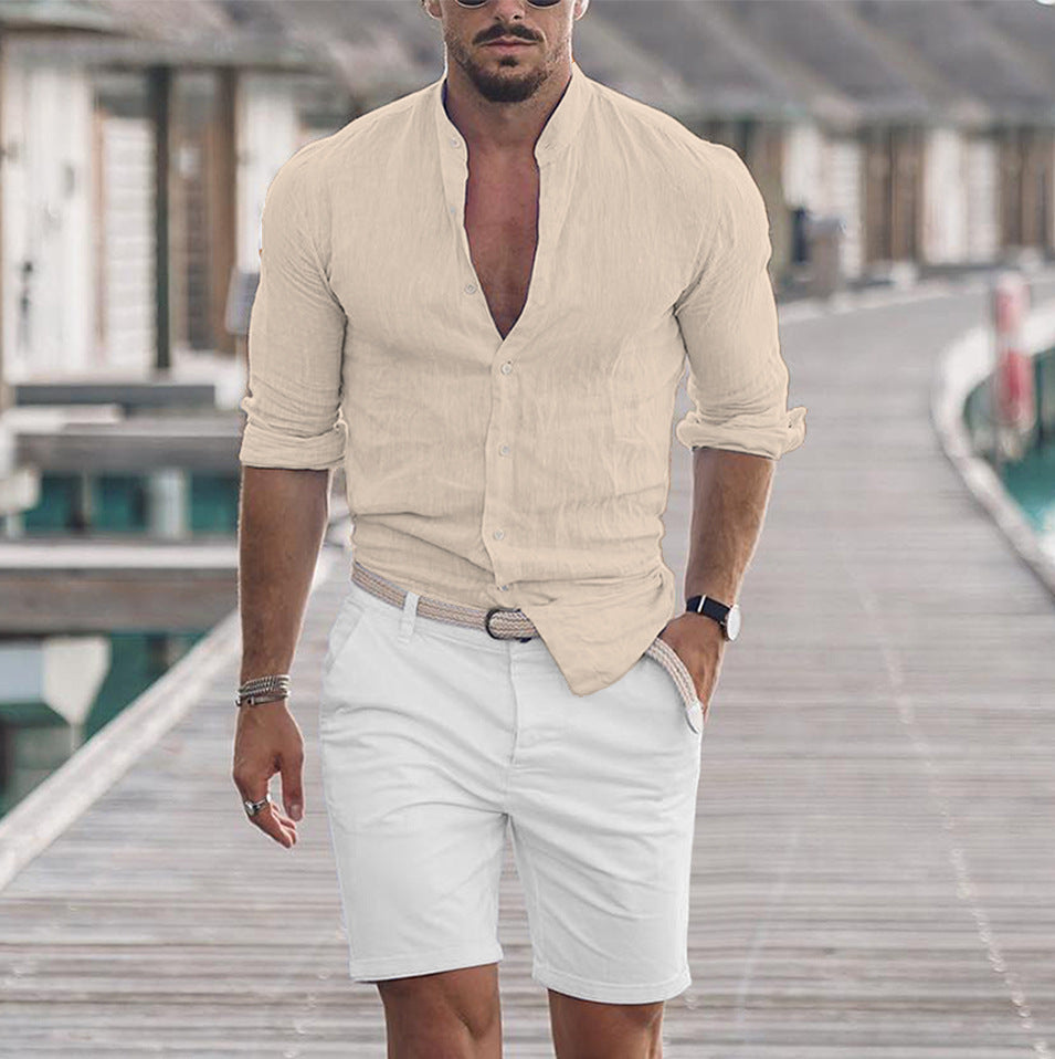 Men's Long Sleeve Shirt With Button Casual Solid Color Tops For Spring Autumn styled with white shorts on a boardwalk.