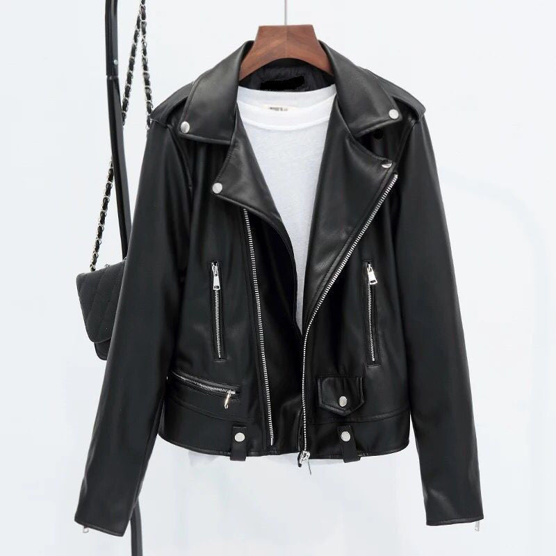 Baseball All Match Leather Jacket in black leather, urban style, suitable for women, featuring zippers and a modern design.