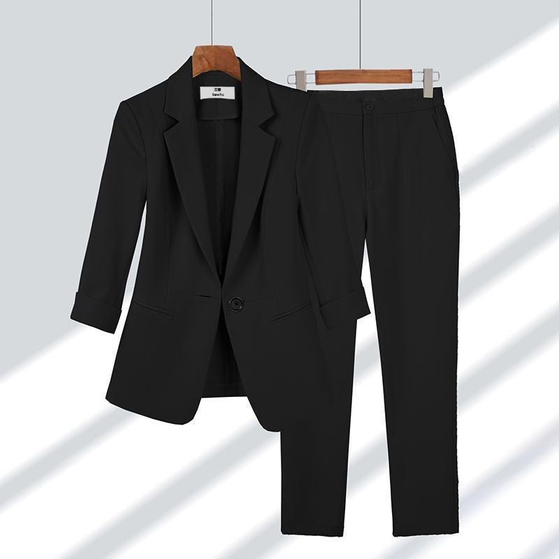 2pcs Casual Blazer Set Solid Color Lapel Single-breasted Jacket And Zipper Straight Pants Women's Office Business Suit in black.