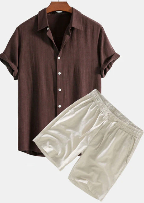 Men's Solid Color Casual Short-sleeved Shirt Shorts Suit in brown and beige for stylish summer wear.