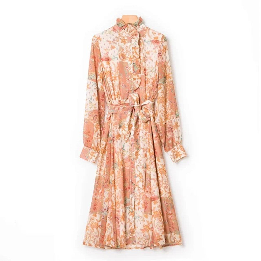 Casual Loose Waist Wooden Ear Collar Printed Long Sleeve Dress