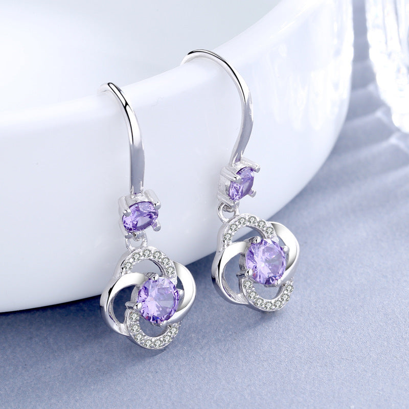 S925 Sterling Silver Earrings South Korea Elegant Long with purple diamonds and floral design