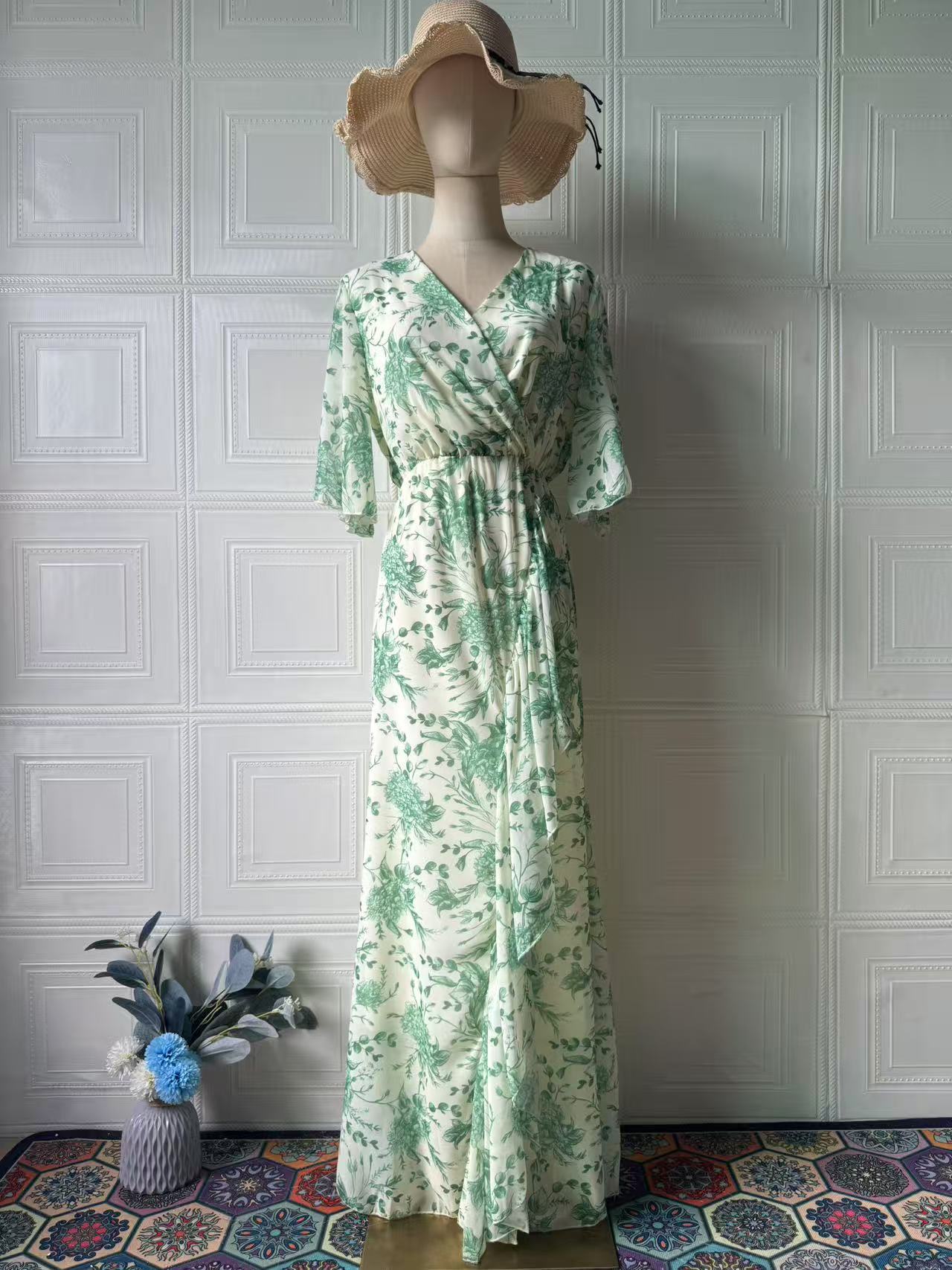 Soft Fresh And Sexy Short Sleeve Floral Dress featuring a green floral pattern and flowy design, perfect for summer fashion.