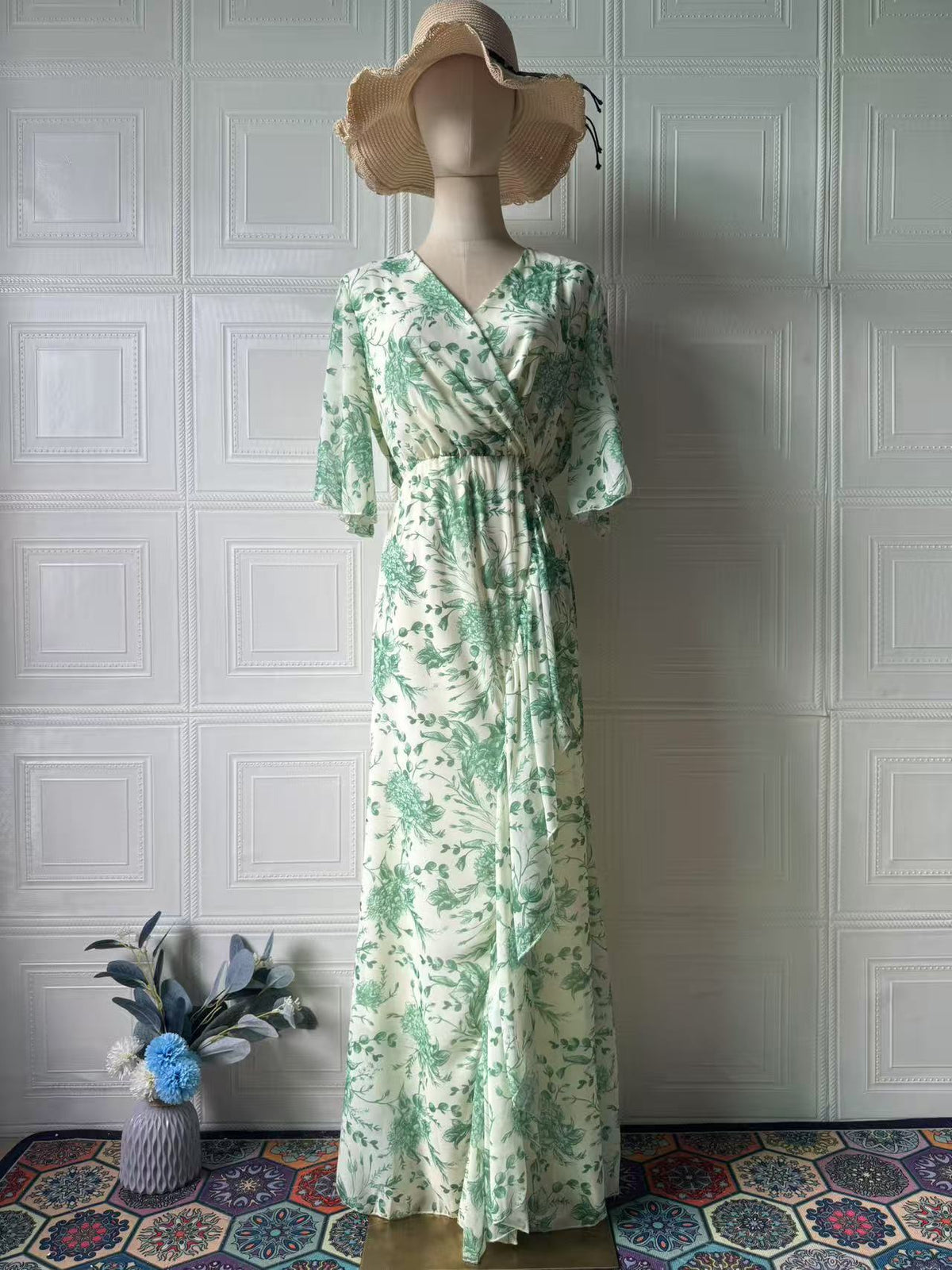 Soft Fresh And Sexy Short Sleeve Floral Dress featuring a green floral pattern and flowy design, perfect for summer fashion.