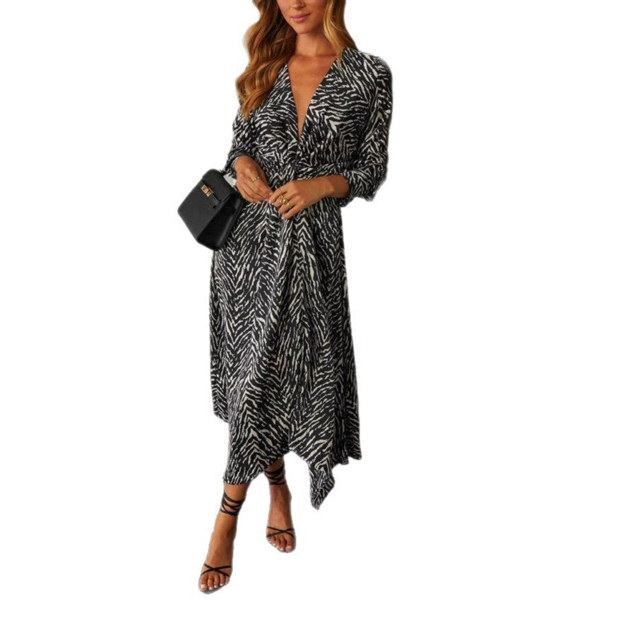 Fashion V-neck Shirt Button Printed Long Sleeve Dress