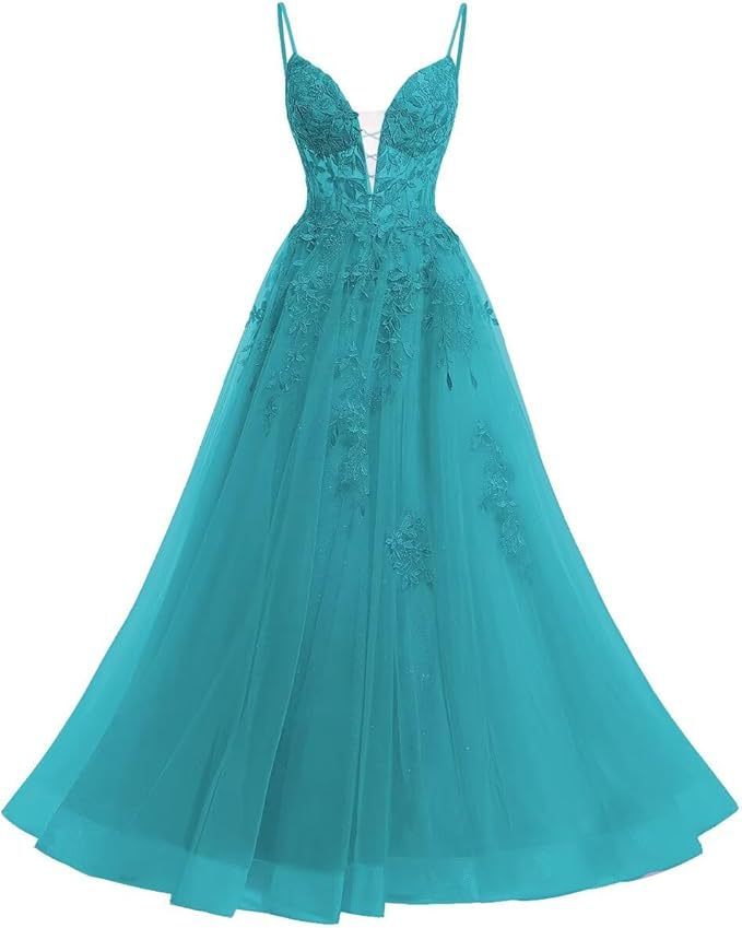 Women's Spaghetti Strap Tulle Long Applique Lace Dress With Long Dress