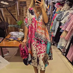 Color Printing Deep V Dress Women