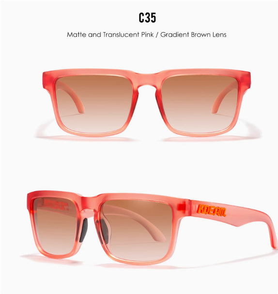 Men And Women Dazzling Color Polarized Sunglasses in matte translucent pink with gradient brown lens, C35 model