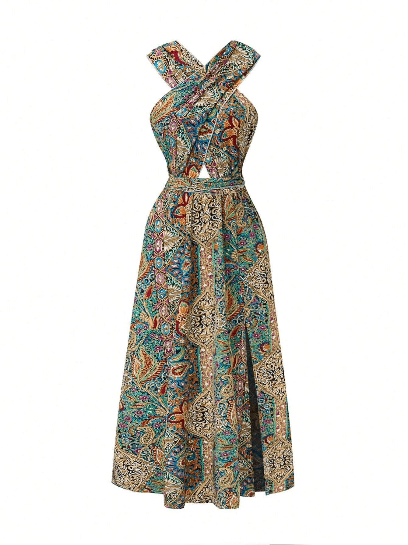 Women maxi dress in tropical pattern with high waisted cross halter neck design.