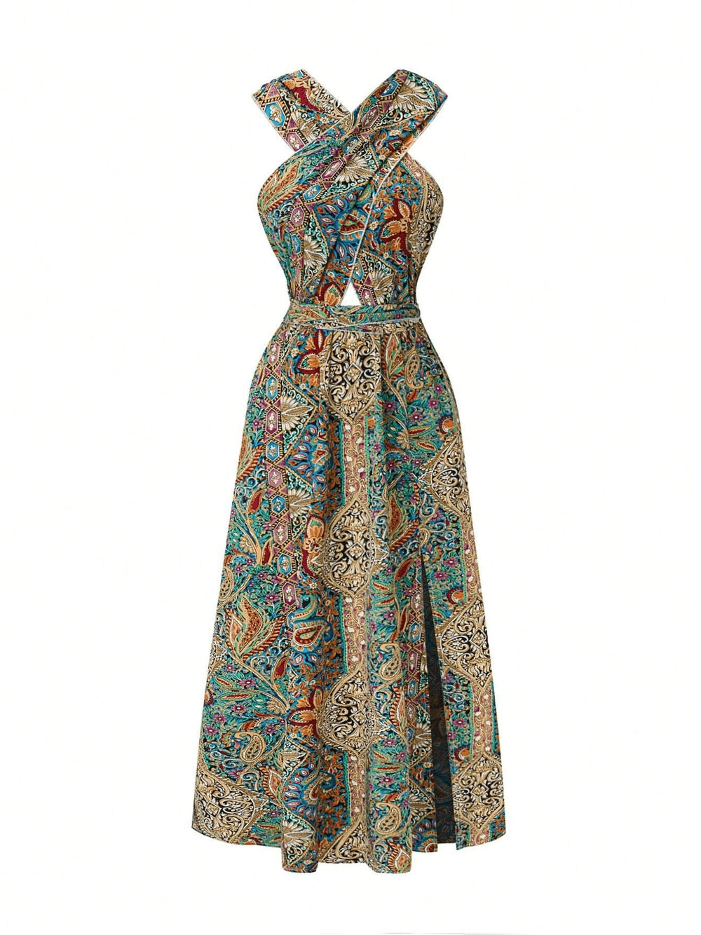 Women maxi dress in tropical pattern with high waisted cross halter neck design.