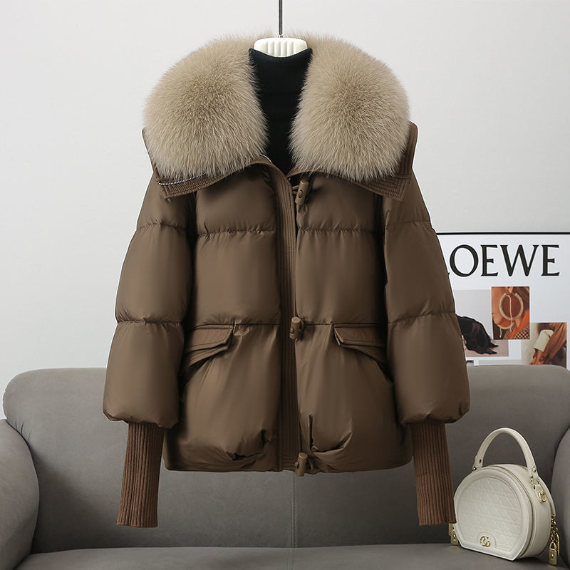 Down Cotton-padded Jacket Women's Short Fur Collar Thickened Coat in brown color on display with stylish design.