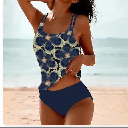 Vintage Printed Split High Waist Conservative Swimwear on a model at the beach, showcasing floral design and high waist style.