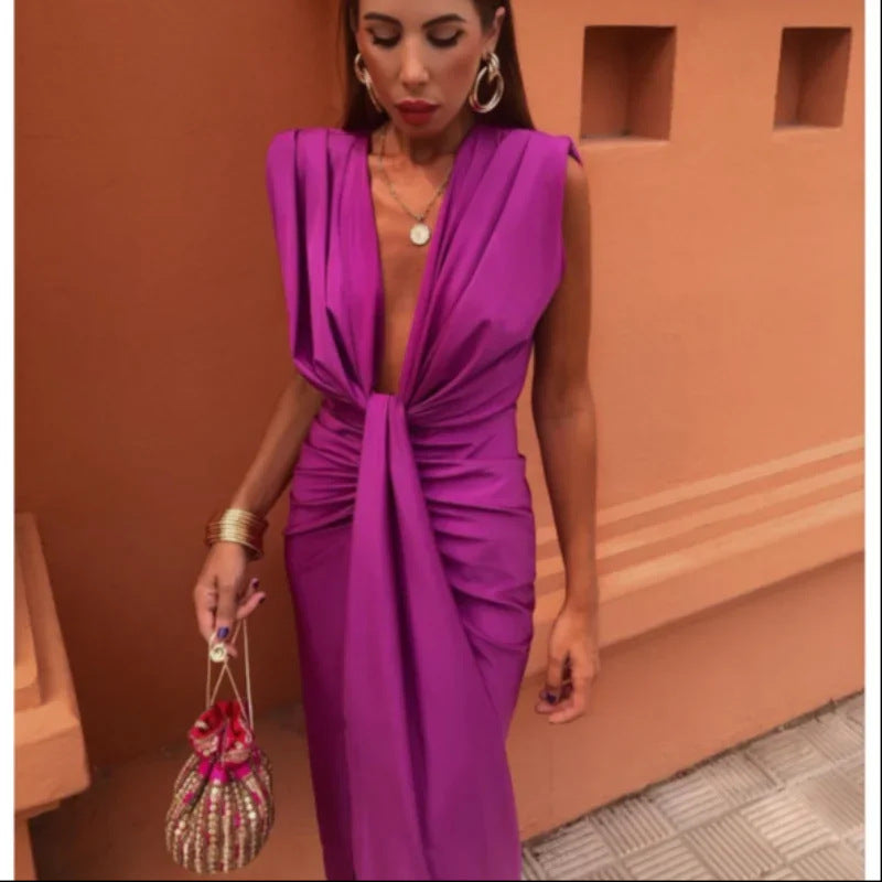 Solid Color Lace High Waist V-neck Dress in vibrant purple, showcasing trendy fashion jewellery and style.