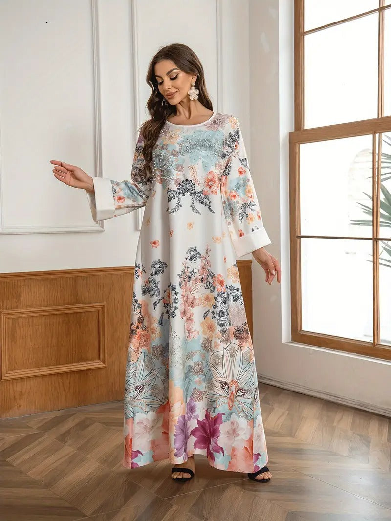 Elegant Floral Print Long Kaftan Dress
