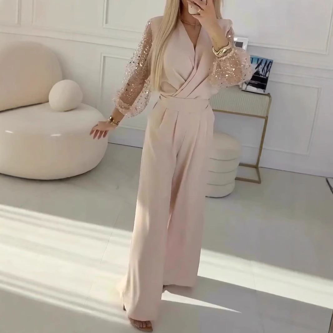 Sequined Top Wide Leg Pants Casual Suit Women in pink, featuring puff sleeves and sequins, perfect for fashion occasions.