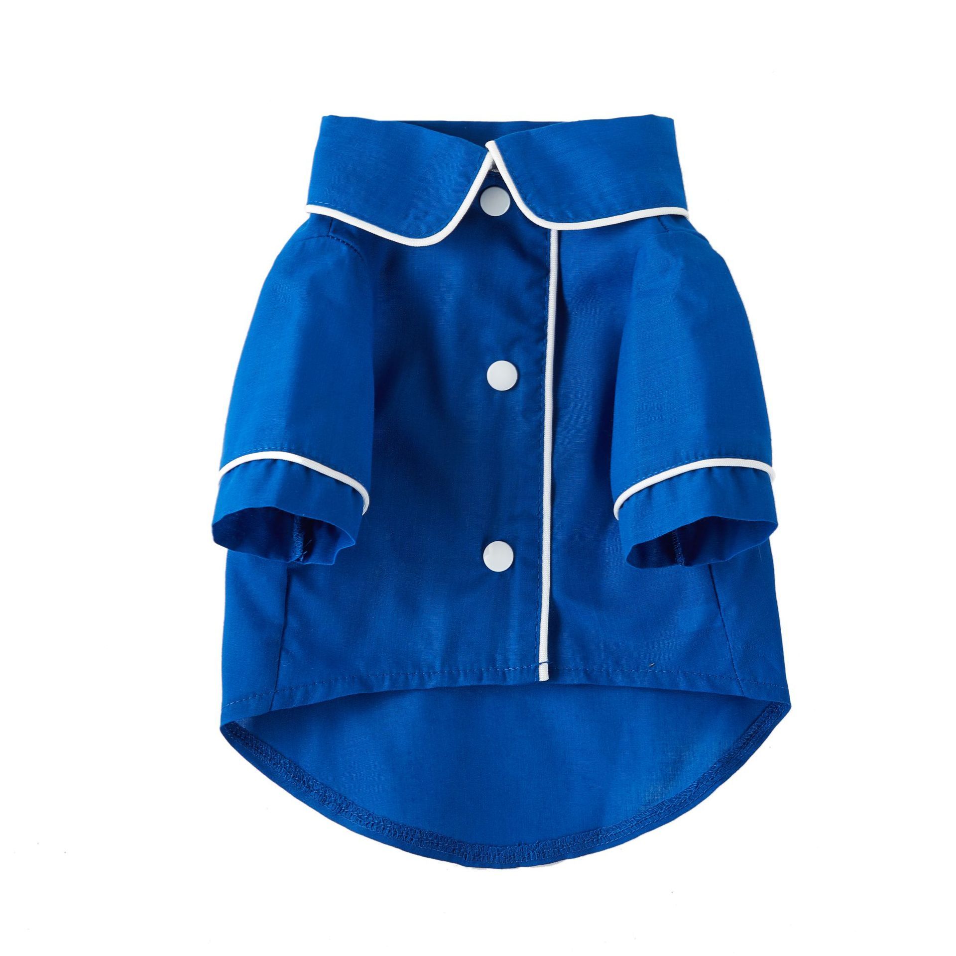 Pet Pajamas Dog Pajamas Small Dog Cat Clothing in a stylish blue color with a collar and button details.