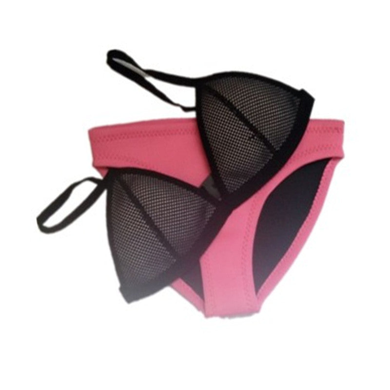 New Style Neoprene Screened Bikini Ladies Swimwear Swimsuit in pink and black with mesh fabric.