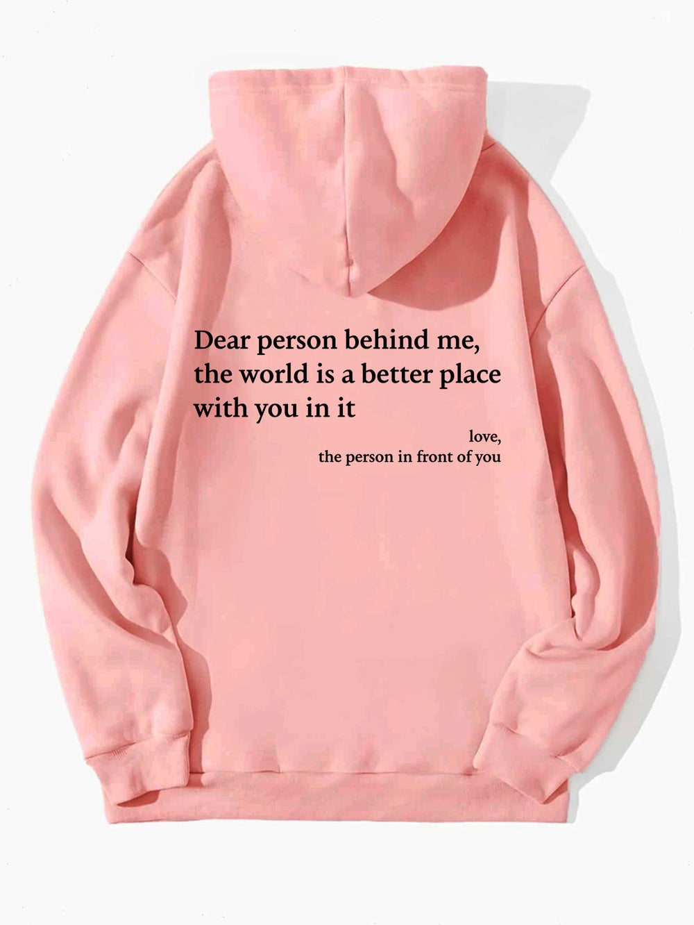 Women's printed hoodie with pockets in pink featuring uplifting message on back.
