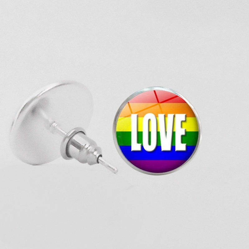 LGBT Pride Round Glass Stud Earrings Gay Lesbian Bisexual Transgender Jewelry Accessories