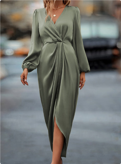 Temperament Pure Color Waist-tight Split V-neck Dress Women in olive green with long sleeves and a stylish design.