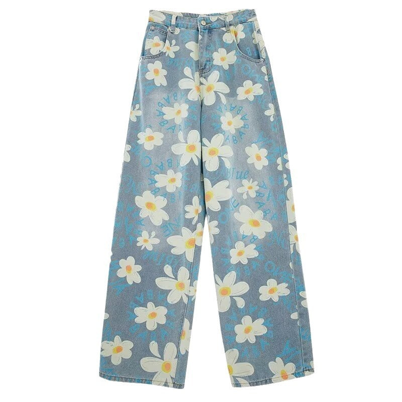 New Summer Printed Floral Wide-leg Washed Jeans For Women in blue with floral print, perfect for casual wear.