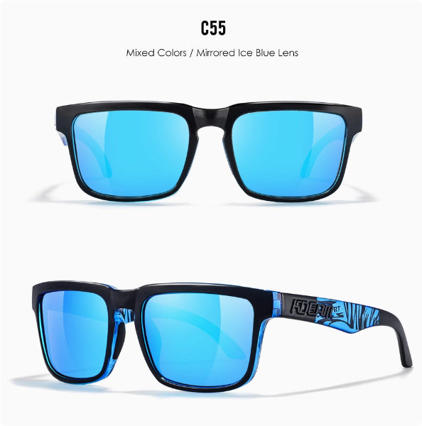 Men And Women Dazzling Color Polarized Sunglasses with mixed colors and mirrored ice blue lenses.